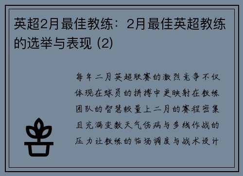 英超2月最佳教练：2月最佳英超教练的选举与表现 (2)