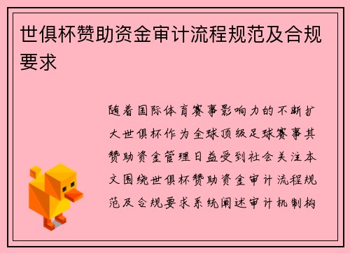 世俱杯赞助资金审计流程规范及合规要求