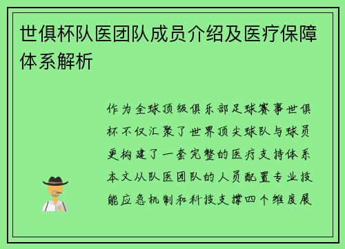 世俱杯队医团队成员介绍及医疗保障体系解析