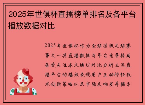 2025年世俱杯直播榜单排名及各平台播放数据对比